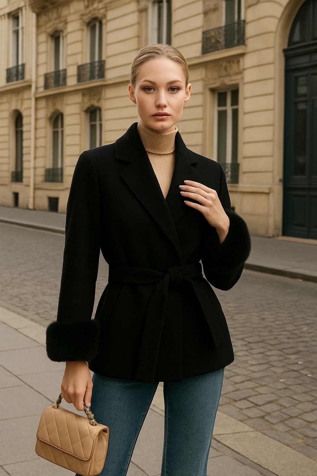 SERENA | Abrigo con cinturón y puños de pelo