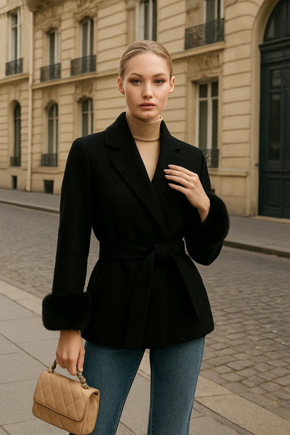 SERENA | Abrigo con cinturón y puños de pelo