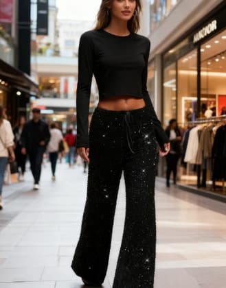 GLITTER | Pantalón palazzo lentejuelas cintura alta